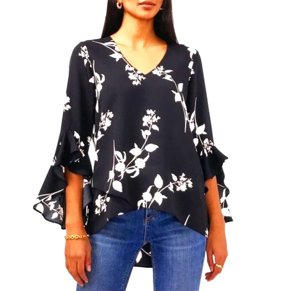 VINCE CAMUTO Floral Bell Flutter Sleeve Blouse V-Neck NWT Women’s Plus Size 1X - Picture 1 of 16